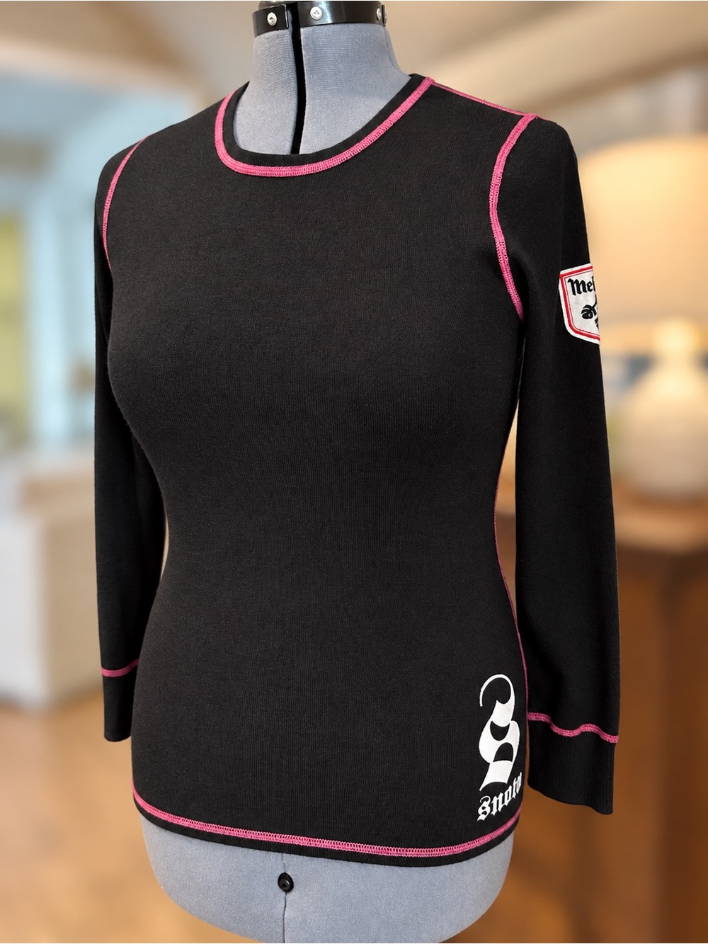 Meister Ski Sweater Black Long-Sleeve Wool with Pink Contrast Trim